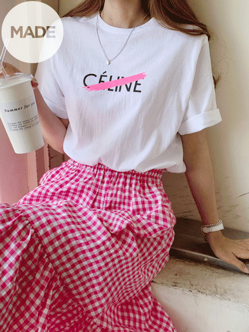 핑크 셀린 레터링 티셔츠